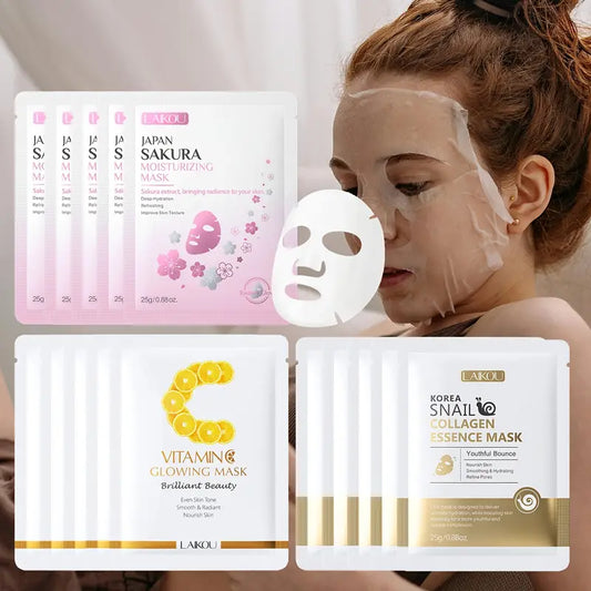 Hydrate and Glow: LAIKOU Sheet Mask Set with Vitamin C, Snail Essence & Sakura – Perfect Gift for Any Occasion