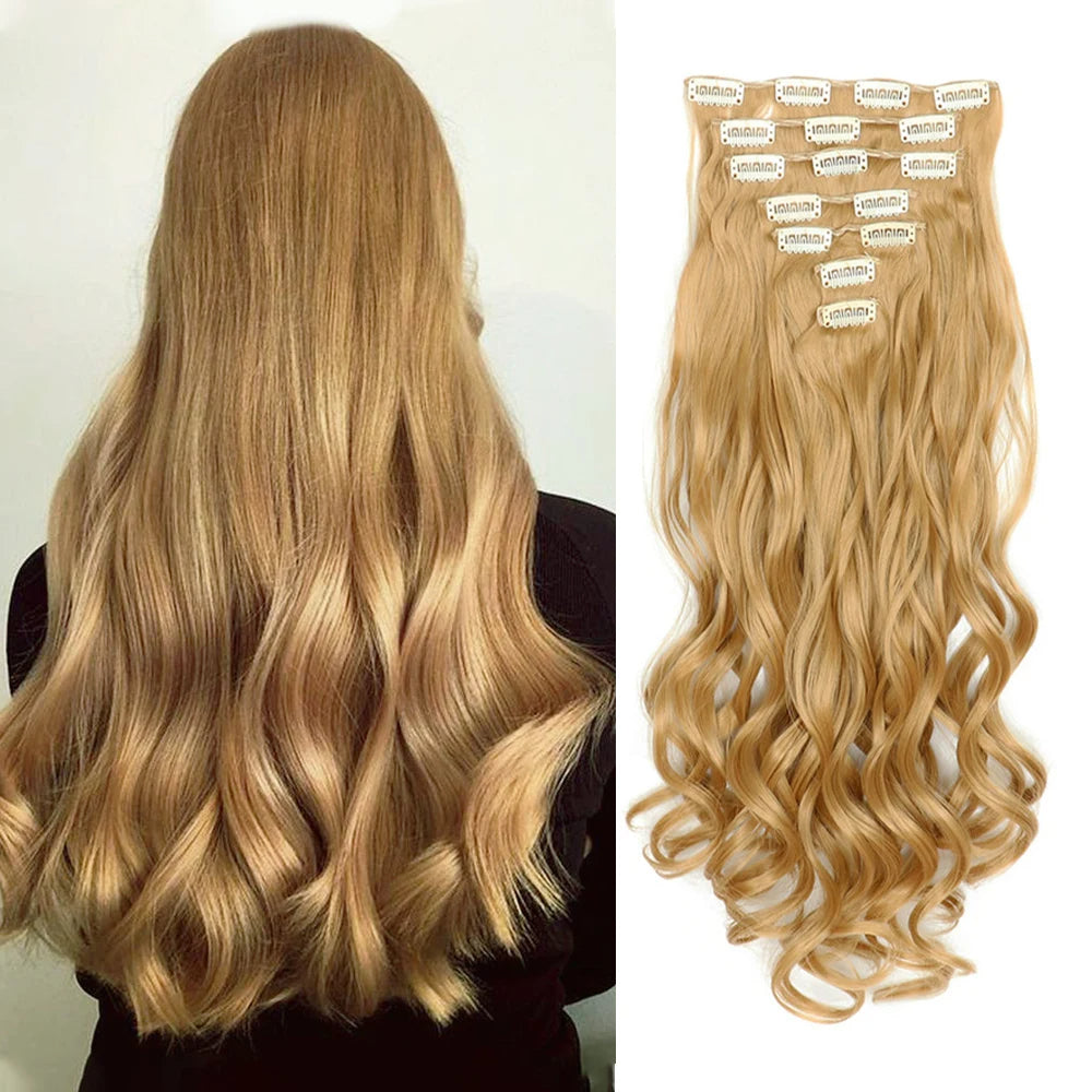 7 PCS Clip-In Hair Extensions 22 Inch Long Curly Wavy Synthetic Hair - Natural Volume & Thickness for Women and Girls