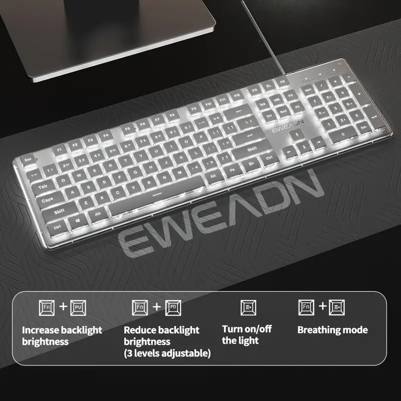 EWEADN 104-Key Full Size Wired Silent Keyboard – LED Backlit All-Metal Panel Gaming Keyboard with Ergonomic Design