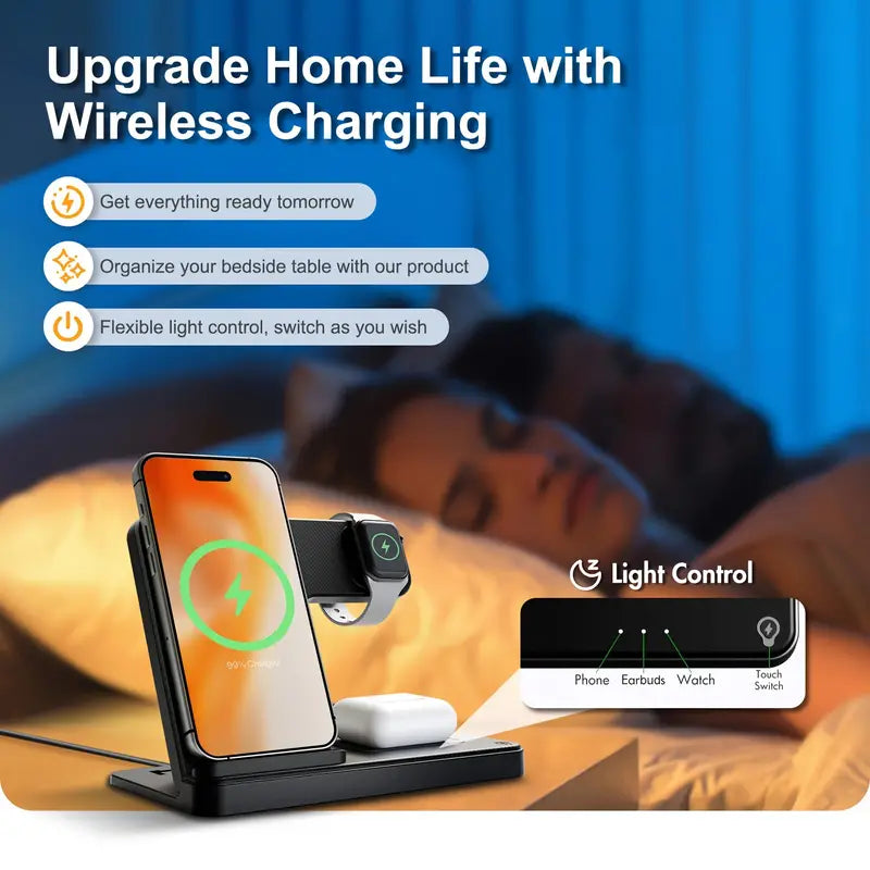 MAKIT 3-in-1 Wireless Charging Station - Portable Fast 15W Mag-Safe Foldable Charger for iPhone 15/14 Pro Max/13/12/11, iWatch 9/8/7/6/5/4/3/2, Airpods 3/2 Pro - Multi-Device Charging Solution with Compact Design