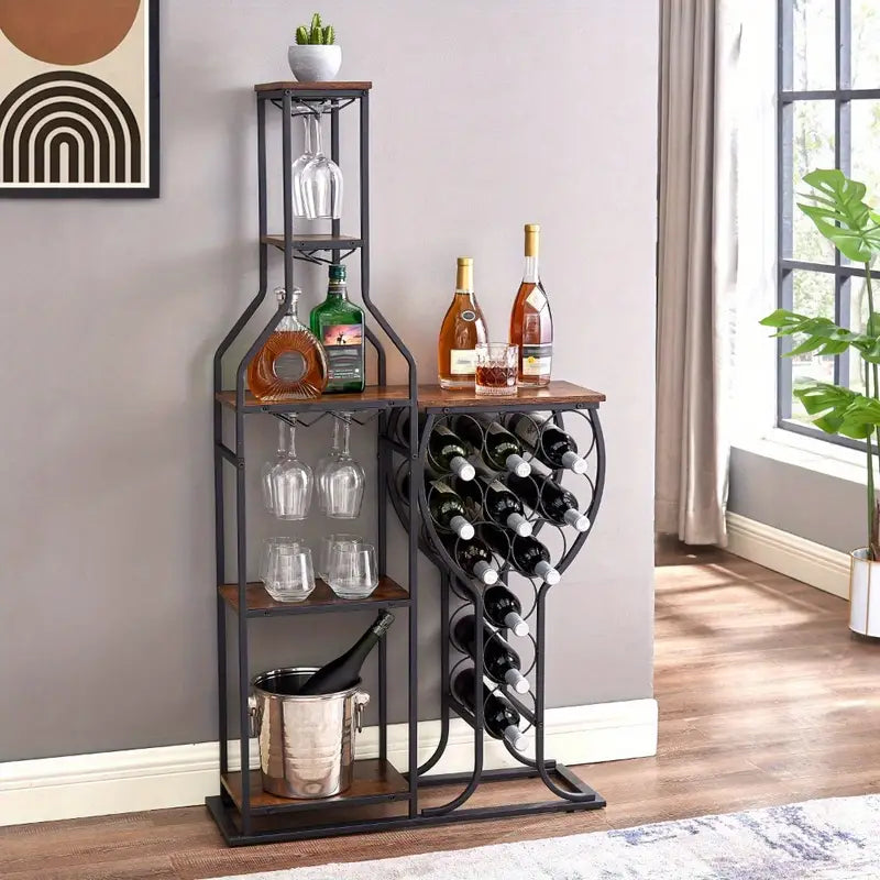 11-Bottle Wine Bakers Rack - 5-Tier Freestanding Wine Storage with Glass Holder & Shelving for Home Bars, Kitchen, and Dining Room