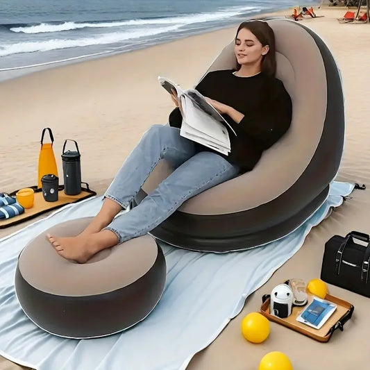 Inflatable Lounge Chair for Adults - Portable Folding Lazy Sofa with Foot Stool, Flocked Air Recliner Chair for Living Room, Gaming, Bedroom, Office, Balcony, Outdoor Travel, and Camping