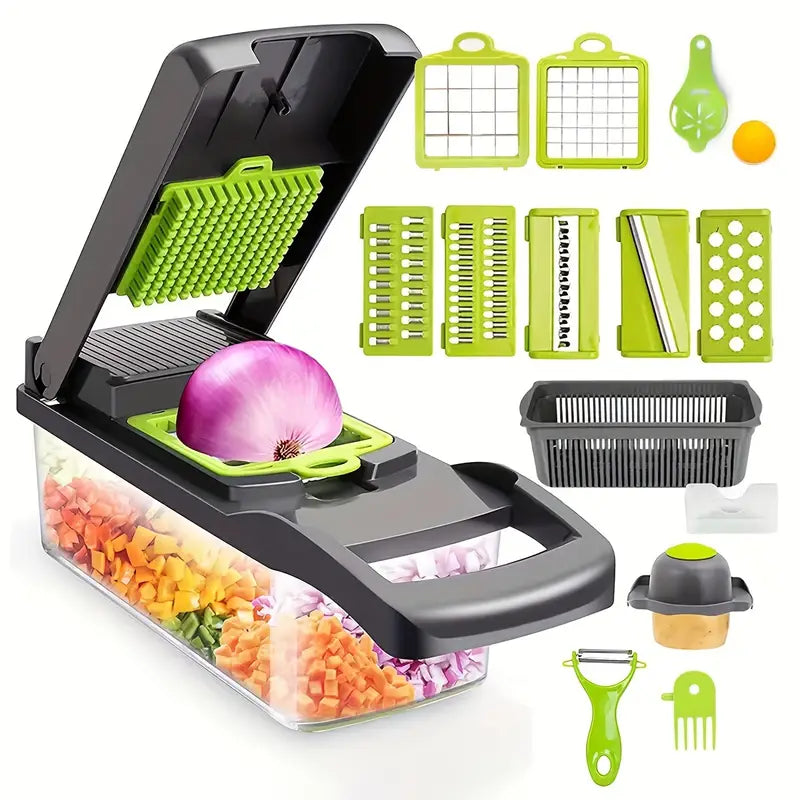 16-in-1 Multifunctional Vegetable Chopper - Manual Food Slicer Dicer with Container, Kitchen Veggie Cutter for Onion, Carrot, Garlic – Plastic Kitchen Gadget Set with Drain Basket & Hand Protector