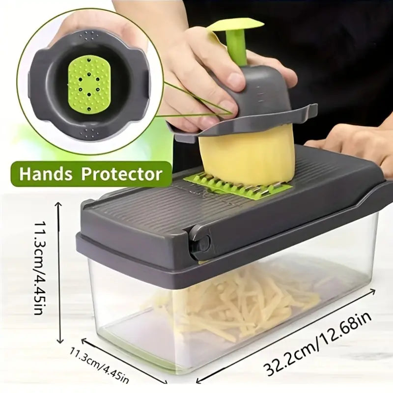 16-in-1 Multifunctional Vegetable Chopper - Manual Food Slicer Dicer with Container, Kitchen Veggie Cutter for Onion, Carrot, Garlic – Plastic Kitchen Gadget Set with Drain Basket & Hand Protector