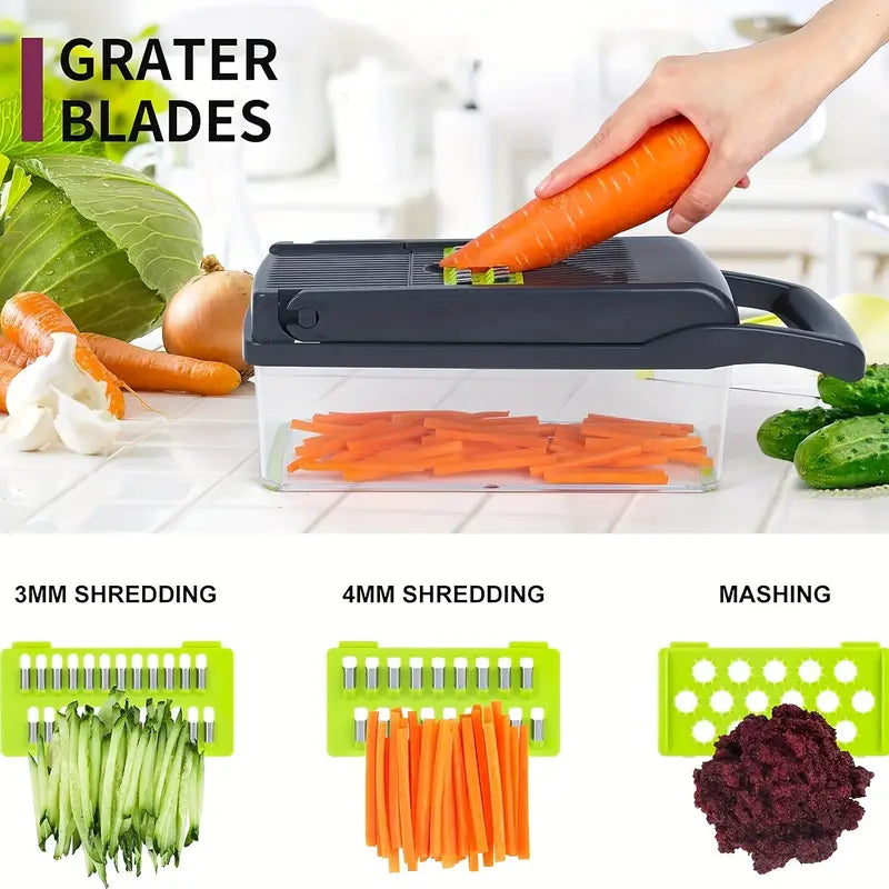 16-in-1 Multifunctional Vegetable Chopper - Manual Food Slicer Dicer with Container, Kitchen Veggie Cutter for Onion, Carrot, Garlic – Plastic Kitchen Gadget Set with Drain Basket & Hand Protector