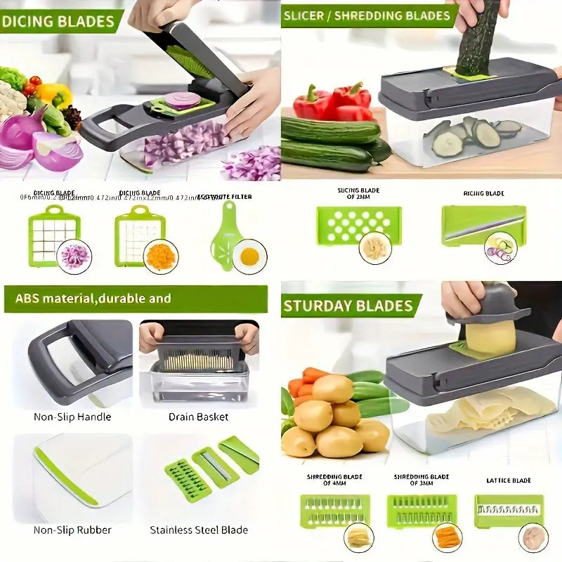 16-in-1 Multifunctional Vegetable Chopper - Manual Food Slicer Dicer with Container, Kitchen Veggie Cutter for Onion, Carrot, Garlic – Plastic Kitchen Gadget Set with Drain Basket & Hand Protector