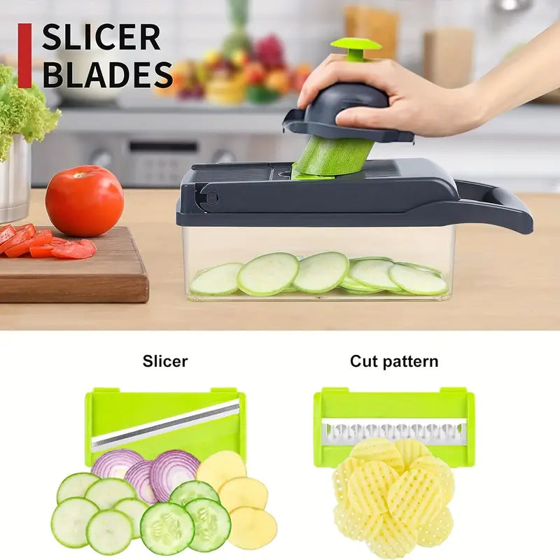 16-in-1 Multifunctional Vegetable Chopper - Manual Food Slicer Dicer with Container, Kitchen Veggie Cutter for Onion, Carrot, Garlic – Plastic Kitchen Gadget Set with Drain Basket & Hand Protector