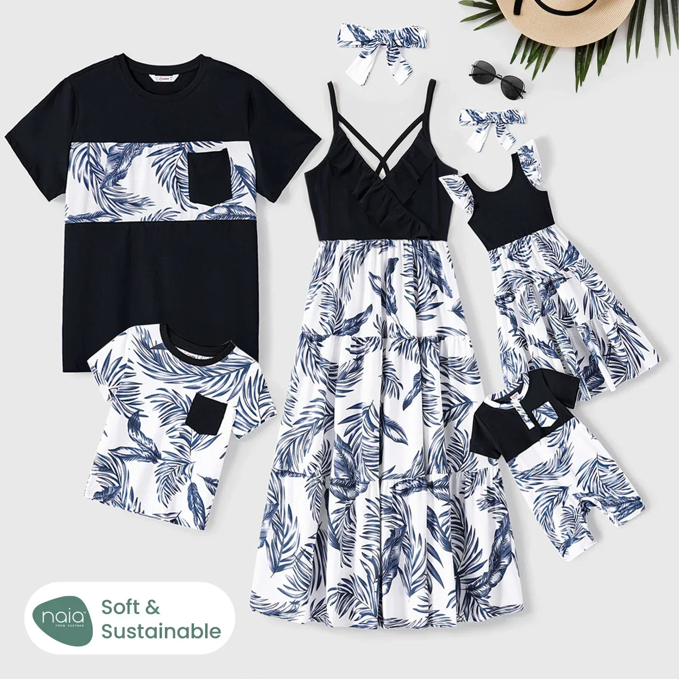 Summer Family Matching Outfits: Short-Sleeve T-Shirts & Plant Print Ruffle Dresses