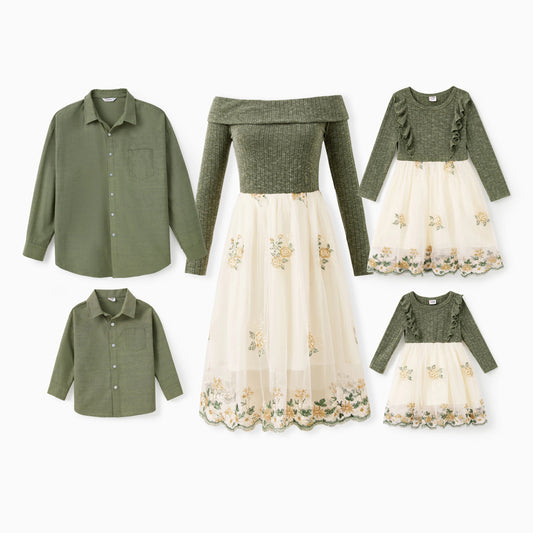 Chic Family Matching Outfits - Green Long Sleeve Shirt & Ribbed Off-Shoulder Tulle Dress