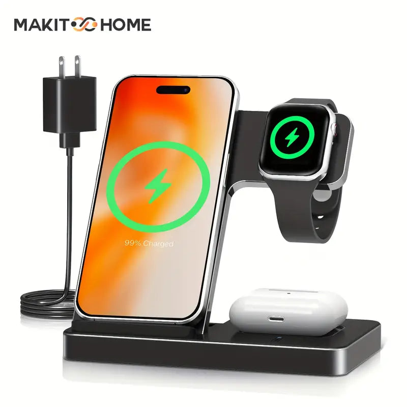 MAKIT 3-in-1 Wireless Charging Station - Portable Fast 15W Mag-Safe Foldable Charger for iPhone 15/14 Pro Max/13/12/11, iWatch 9/8/7/6/5/4/3/2, Airpods 3/2 Pro - Multi-Device Charging Solution with Compact Design