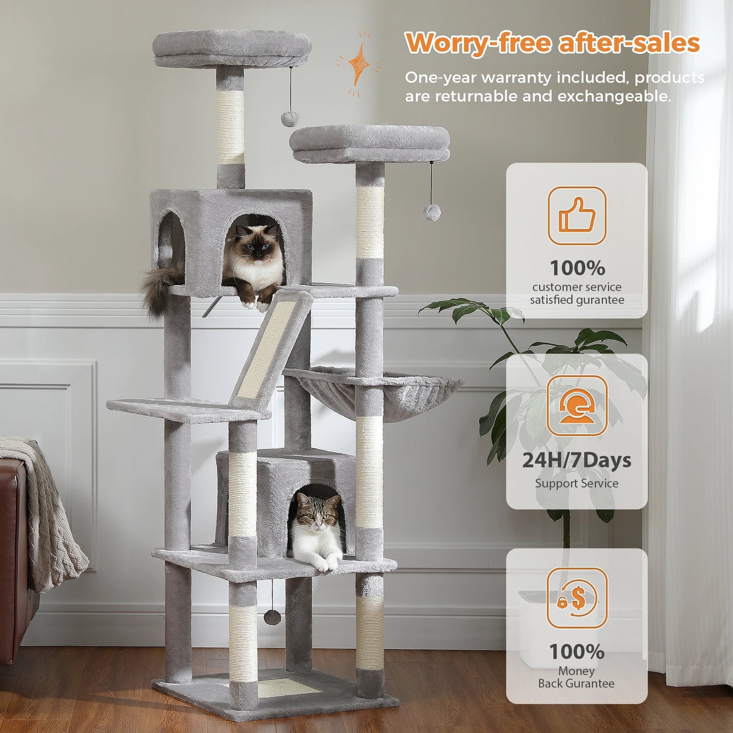 Large Multi-Level Cat Tree Tower for Indoor Cats - Plush Cat Condo with Scratching Posts, Boards, Perches, and Cozy Caves