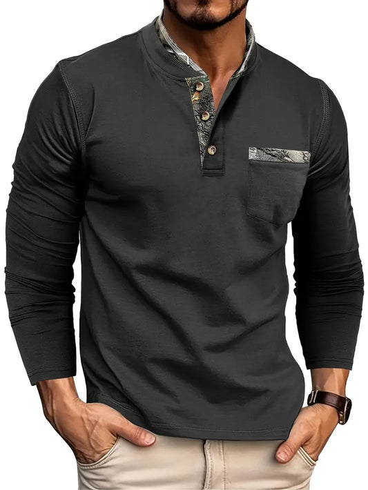 Men's Fashion Long Sleeve Henley Shirt, Cotton and Linen Blend, Regular Fit, Round Neck, Printed Pattern, Casual Pullover with Single Button, No Chest Pads, for Men, Autumn/Winter Season, Knitted Fabric with Polyester Blend