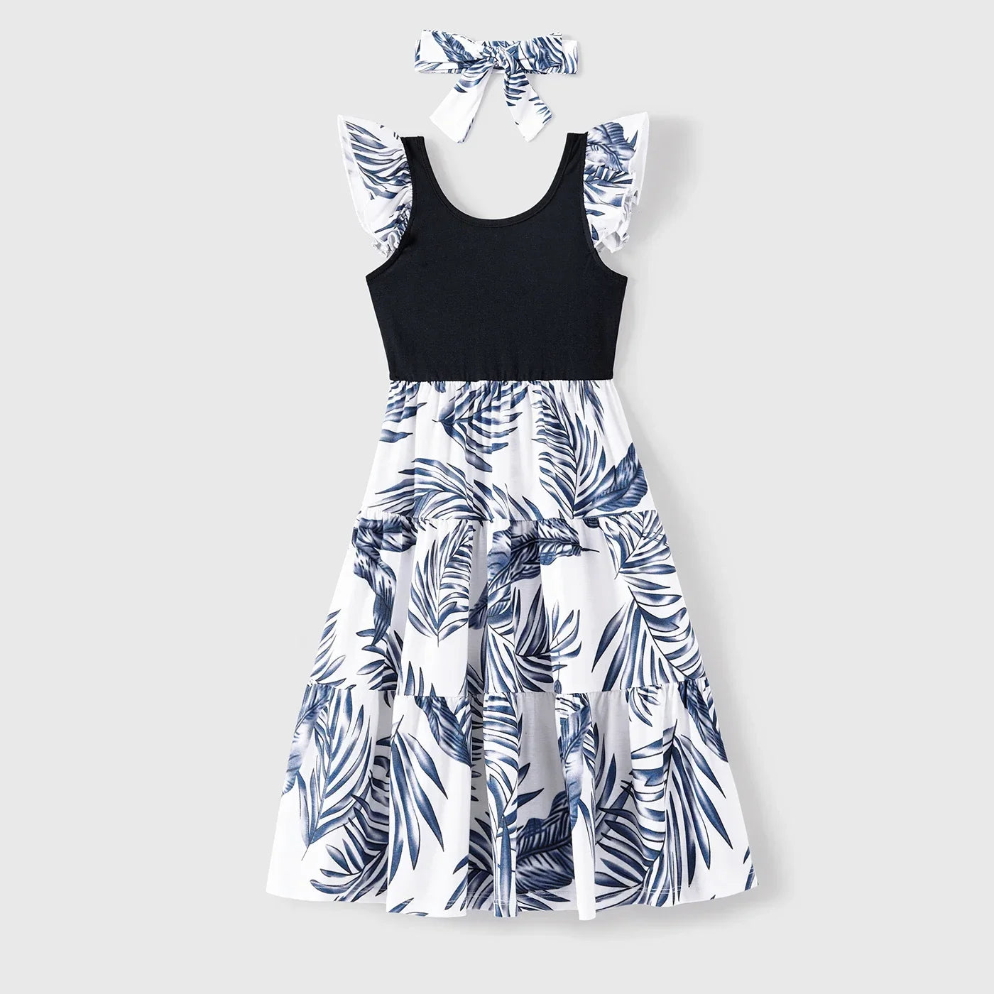 Summer Family Matching Outfits: Short-Sleeve T-Shirts & Plant Print Ruffle Dresses