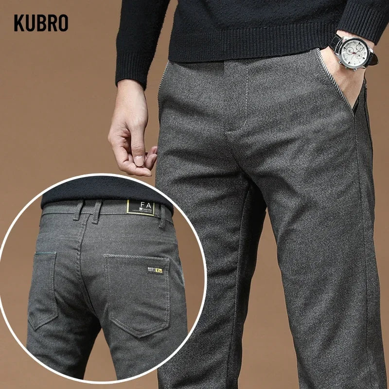 KUBRO 2024 New Men's Winter Warm Casual Pants Outdoor Thick Warm Fleece Lined Windproof Waterproof Straight Golf Trousers