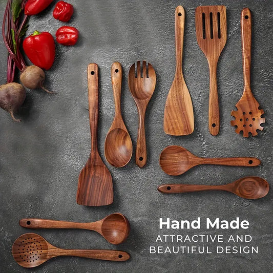 10-Piece Premium Teak Wood Cooking Utensil Set - Heat-Resistant, Non-Stick Friendly, Ergonomic Design for Comfortable Grip, Ideal for Stirring, Baking, and Serving