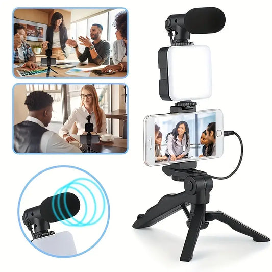 5-in-1 Mobile Phone Tripod Stand with LED Light and Microphone – Portable, Lightweight, 3-Way Rotating Selfie Grip for Live Streaming, Interviews, Outdoor Activities