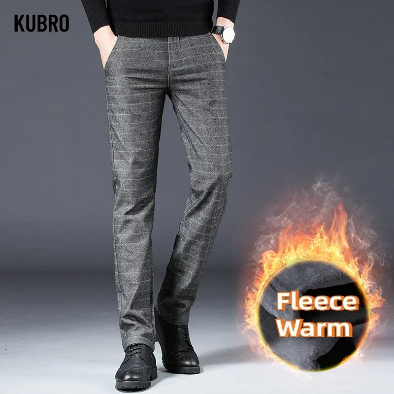 KUBRO 2024 New Men's Winter Warm Casual Pants Outdoor Thick Warm Fleece Lined Windproof Waterproof Straight Golf Trousers