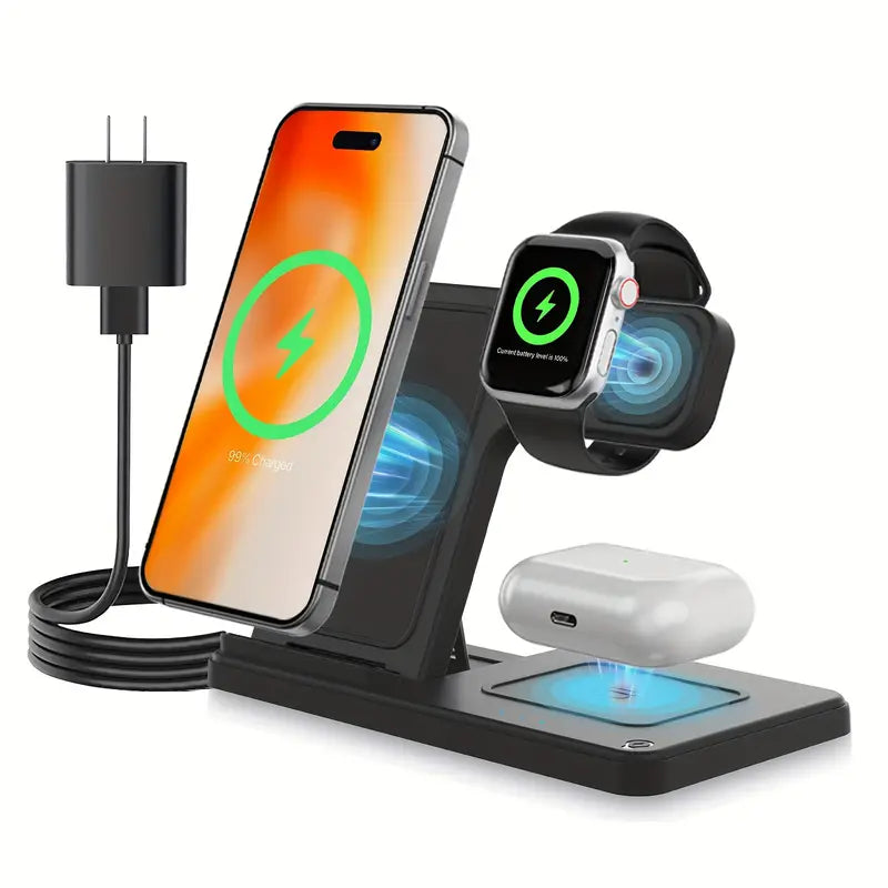 MAKIT 3-in-1 Wireless Charging Station - Portable Fast 15W Mag-Safe Foldable Charger for iPhone 15/14 Pro Max/13/12/11, iWatch 9/8/7/6/5/4/3/2, Airpods 3/2 Pro - Multi-Device Charging Solution with Compact Design