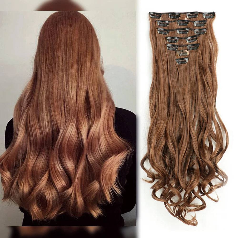 7 PCS Clip-In Hair Extensions 22 Inch Long Curly Wavy Synthetic Hair - Natural Volume & Thickness for Women and Girls