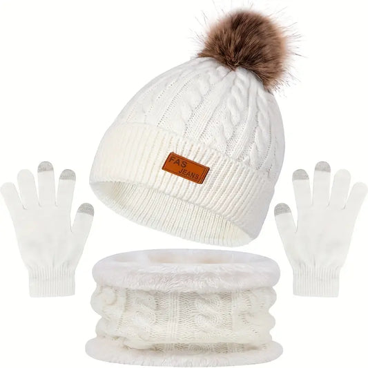 3-in-1 Winter Knit Pom Pom Hat Set - Cozy Hat, Scarf, & Touchscreen Gloves for Women