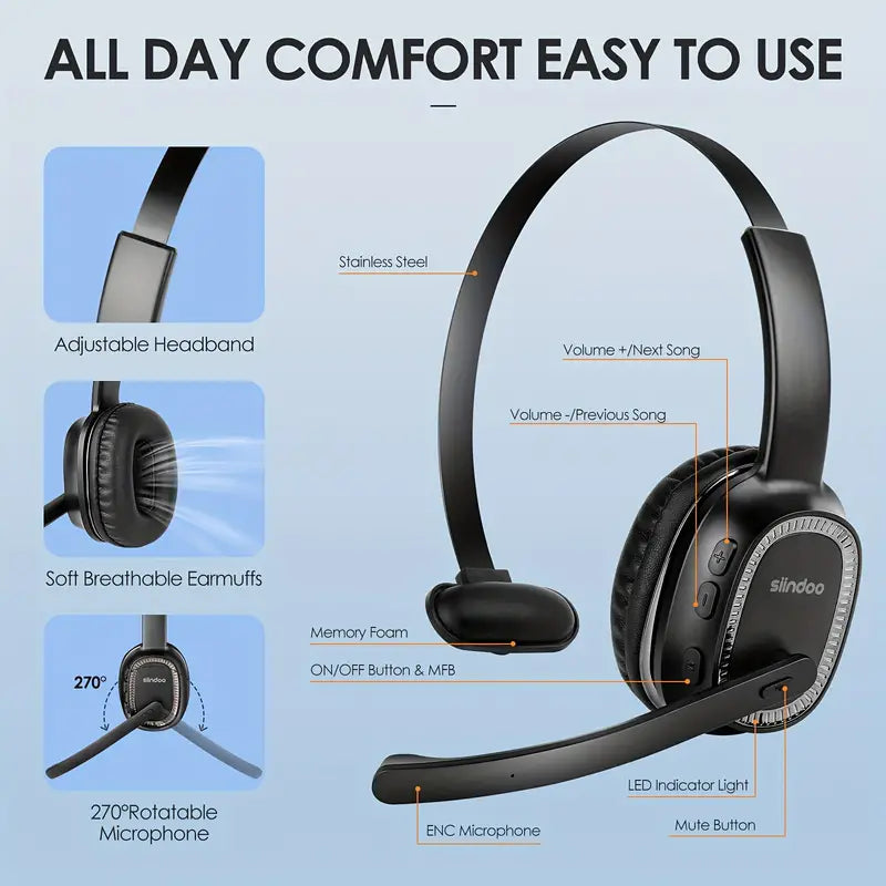 ProTruck Wireless Headset - Crystal-Clear ENC Calls, Noise Cancellation, Long-Lasting 5.2 Headset for Office, Truck Drivers, Customer Service, Telephone Operators - Comfortable, Adjustable, and Durable