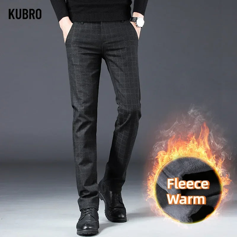 KUBRO 2024 New Men's Winter Warm Casual Pants Outdoor Thick Warm Fleece Lined Windproof Waterproof Straight Golf Trousers