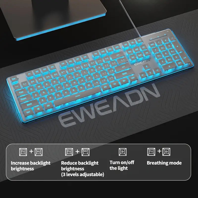 EWEADN 104-Key Full Size Wired Silent Keyboard – LED Backlit All-Metal Panel Gaming Keyboard with Ergonomic Design