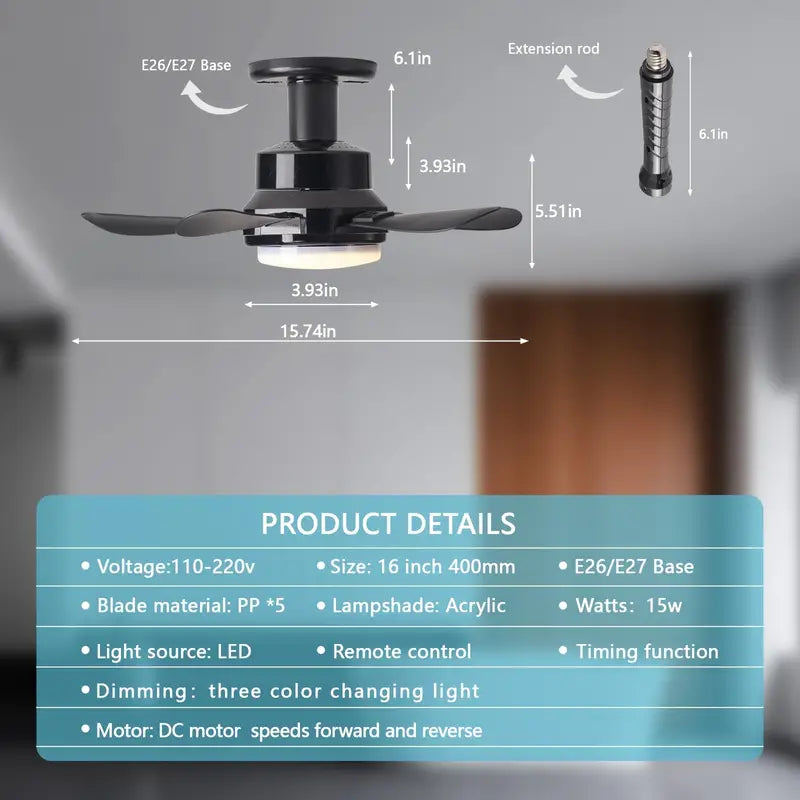 Compact Ceiling Fan Light with Remote Control | E26/E27 Easy Install Ceiling Fan for Any Room