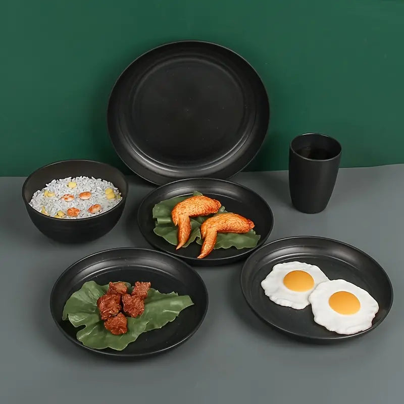 LDQ 16-Piece Unbreakable Dinnerware Set – Supernal Wheat Straw Lightweight Plates, Bowls, and Cups – Eco-Friendly, Reusable, Microwave & Dishwasher Safe, Black