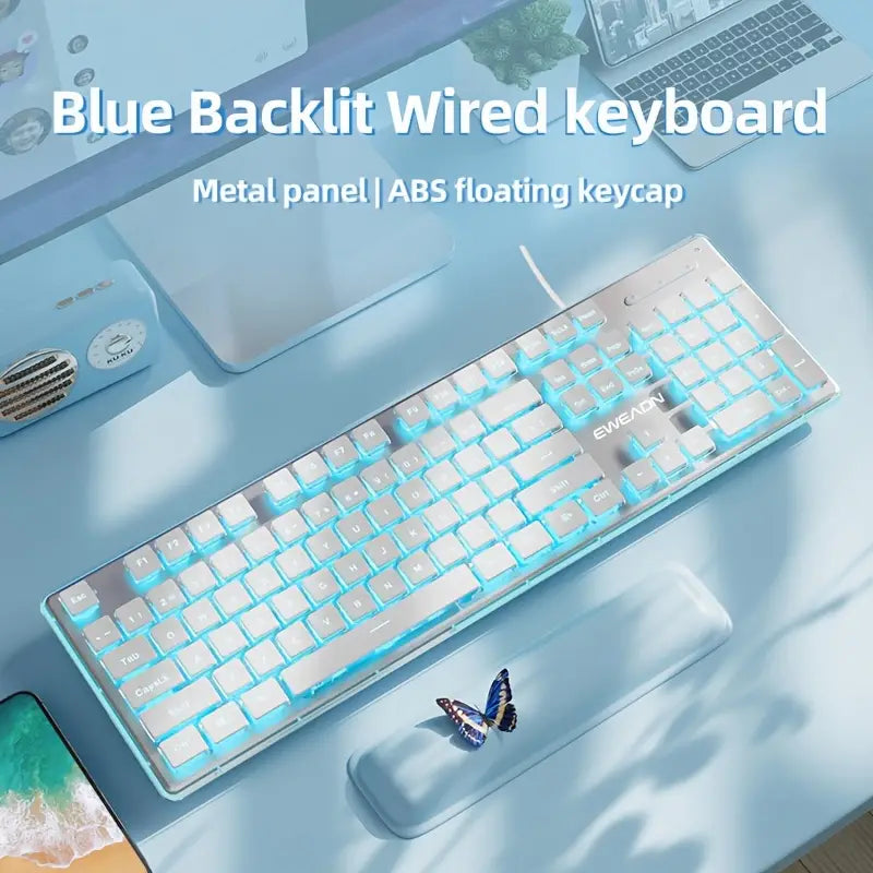 EWEADN 104-Key Full Size Wired Silent Keyboard – LED Backlit All-Metal Panel Gaming Keyboard with Ergonomic Design