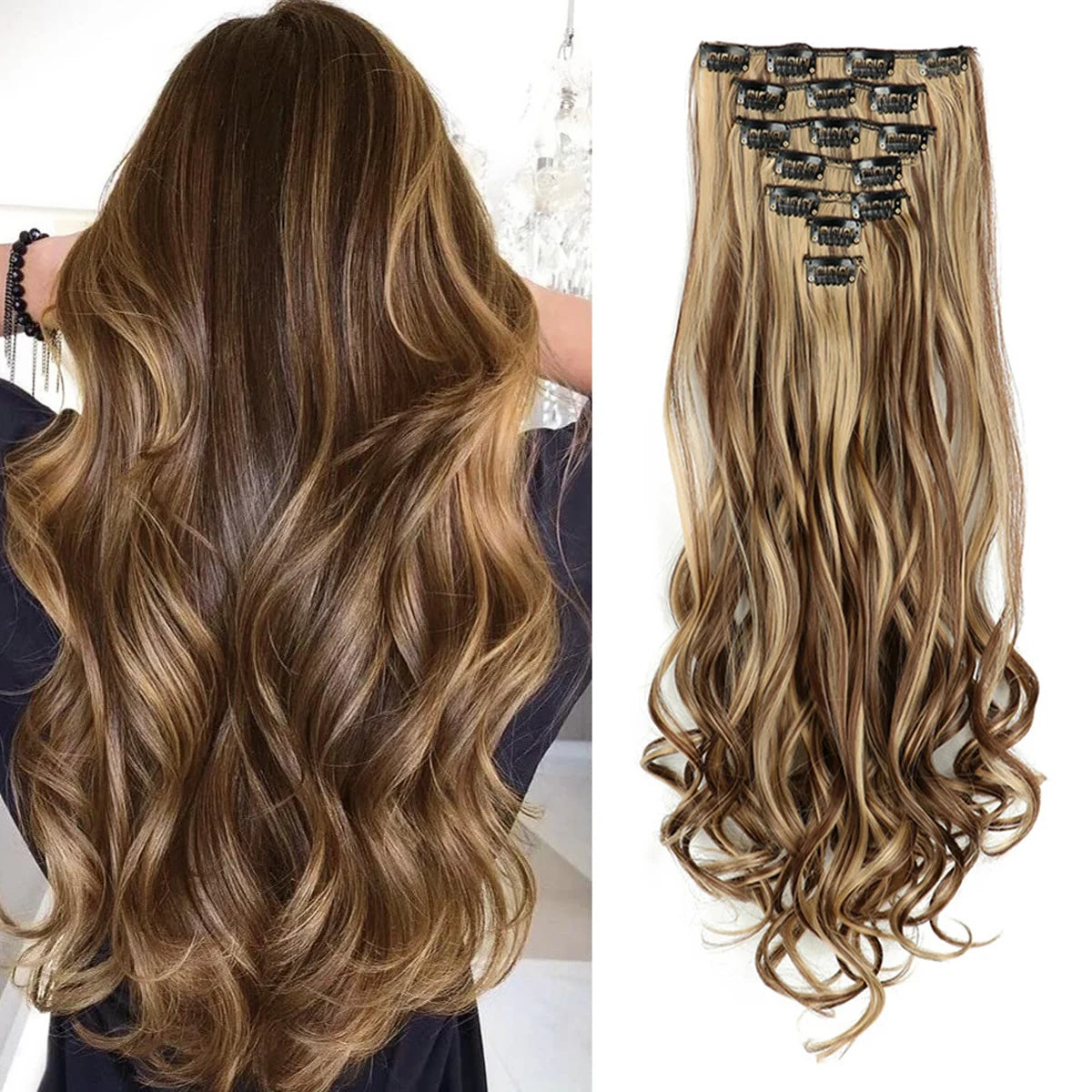 7 PCS Clip-In Hair Extensions 22 Inch Long Curly Wavy Synthetic Hair - Natural Volume & Thickness for Women and Girls