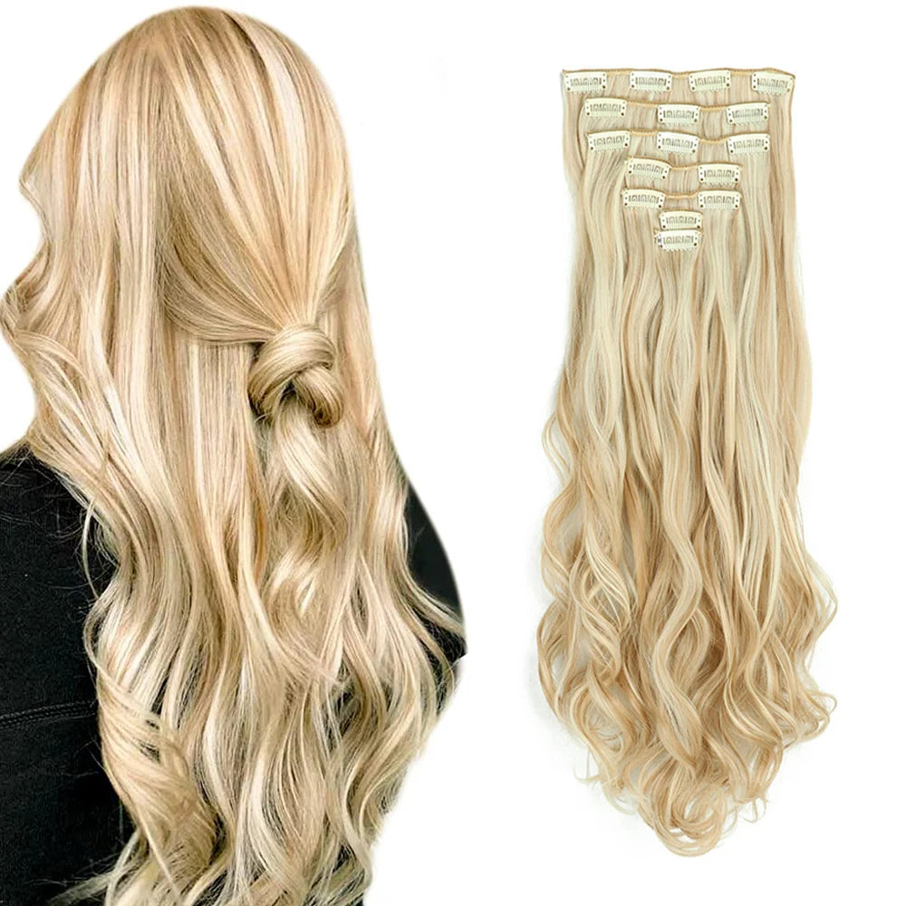 7 PCS Clip-In Hair Extensions 22 Inch Long Curly Wavy Synthetic Hair - Natural Volume & Thickness for Women and Girls