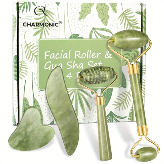 4pcs Jade Roller & Gua Sha Set - Facial Roller Massager & Gua Sha Scraping Tool for Face & Neck – Perfect Mother's Day Gift for Glowing Skin