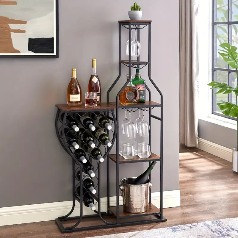 11-Bottle Wine Bakers Rack - 5-Tier Freestanding Wine Storage with Glass Holder & Shelving for Home Bars, Kitchen, and Dining Room