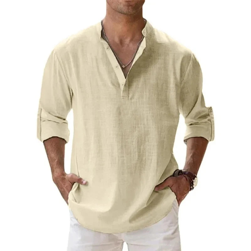 Streetwear Men Lightweight Shirts Long Sleeve Henley Cotton Linen Shirts for Men Beach Hawaiian Shirts Breathable Collar Tshirts