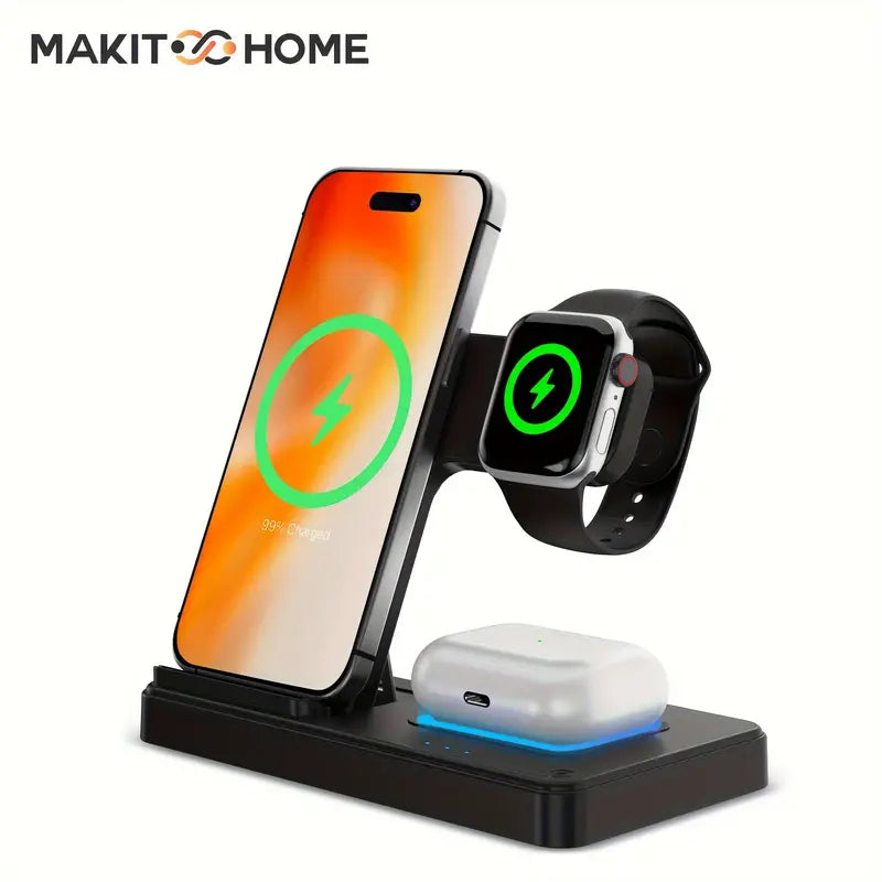 MAKIT 3-in-1 Wireless Charging Station - Portable Fast 15W Mag-Safe Foldable Charger for iPhone 15/14 Pro Max/13/12/11, iWatch 9/8/7/6/5/4/3/2, Airpods 3/2 Pro - Multi-Device Charging Solution with Compact Design