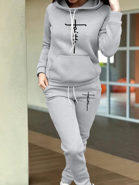 Cozy Women's 2-Piece Hoodie & Jogger Set | Autumn/Winter Casual Letter Print Outfit