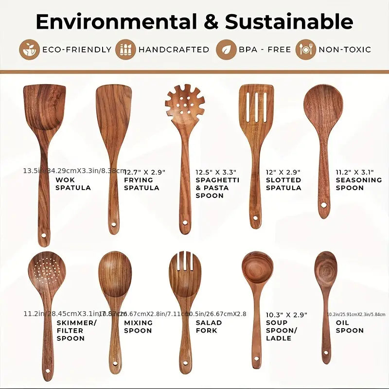 10-Piece Premium Teak Wood Cooking Utensil Set - Heat-Resistant, Non-Stick Friendly, Ergonomic Design for Comfortable Grip, Ideal for Stirring, Baking, and Serving