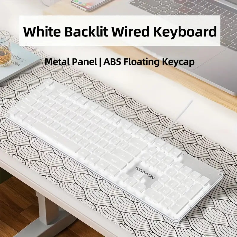 EWEADN 104-Key Full Size Wired Silent Keyboard – LED Backlit All-Metal Panel Gaming Keyboard with Ergonomic Design