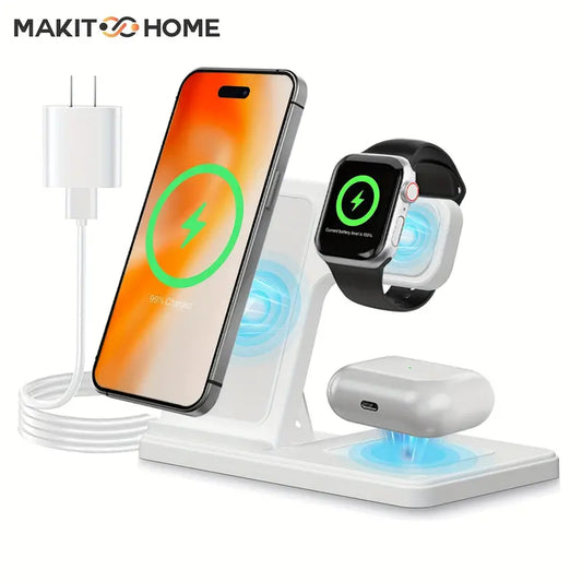 MAKIT 3-in-1 Wireless Charging Station - Portable Fast 15W Mag-Safe Foldable Charger for iPhone 15/14 Pro Max/13/12/11, iWatch 9/8/7/6/5/4/3/2, Airpods 3/2 Pro - Multi-Device Charging Solution with Compact Design