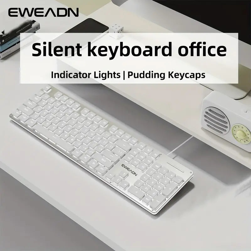 EWEADN 104-Key Full Size Wired Silent Keyboard – LED Backlit All-Metal Panel Gaming Keyboard with Ergonomic Design