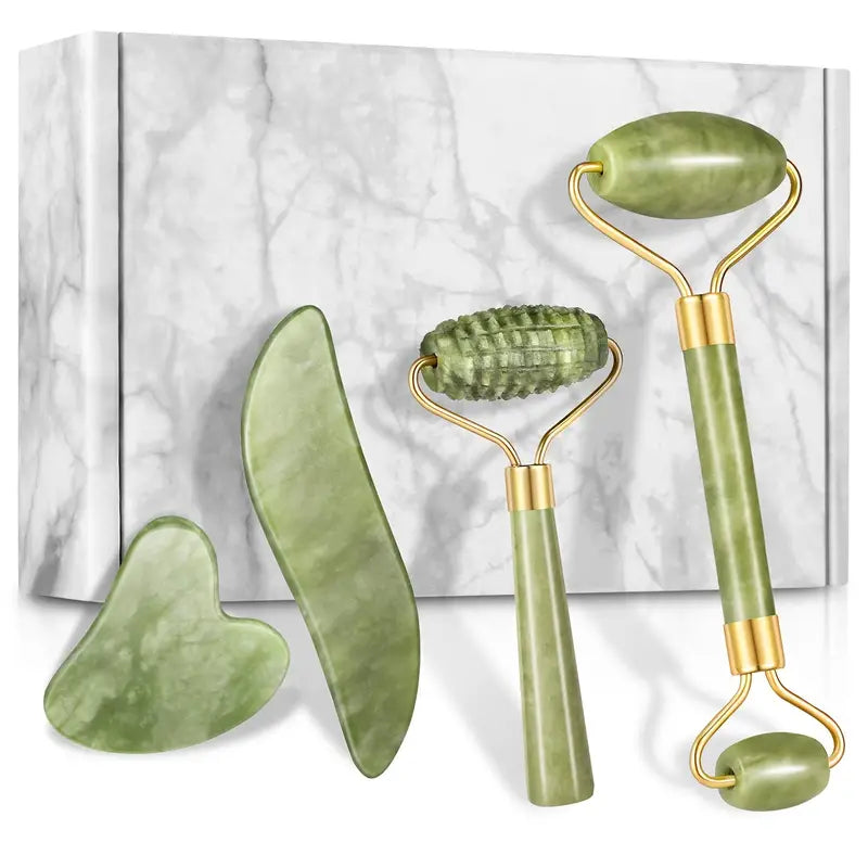 4pcs Jade Roller & Gua Sha Set - Facial Roller Massager & Gua Sha Scraping Tool for Face & Neck – Perfect Mother's Day Gift for Glowing Skin