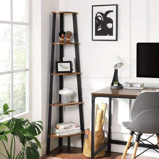 5-Tier Corner Bookcase, Rustic Brown Wood Look with Sturdy Metal Frame - Space-Saving, Elegant Storage for Home & Office