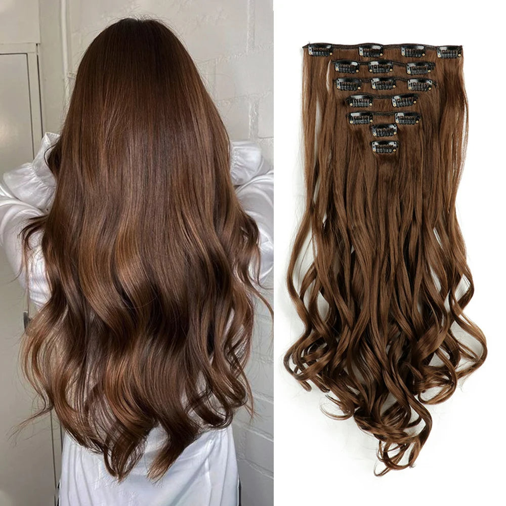 7 PCS Clip-In Hair Extensions 22 Inch Long Curly Wavy Synthetic Hair - Natural Volume & Thickness for Women and Girls