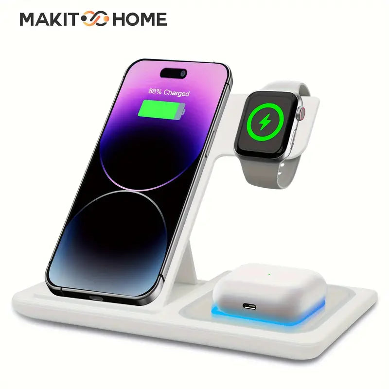 MAKIT 3-in-1 Wireless Charging Station - Portable Fast 15W Mag-Safe Foldable Charger for iPhone 15/14 Pro Max/13/12/11, iWatch 9/8/7/6/5/4/3/2, Airpods 3/2 Pro - Multi-Device Charging Solution with Compact Design