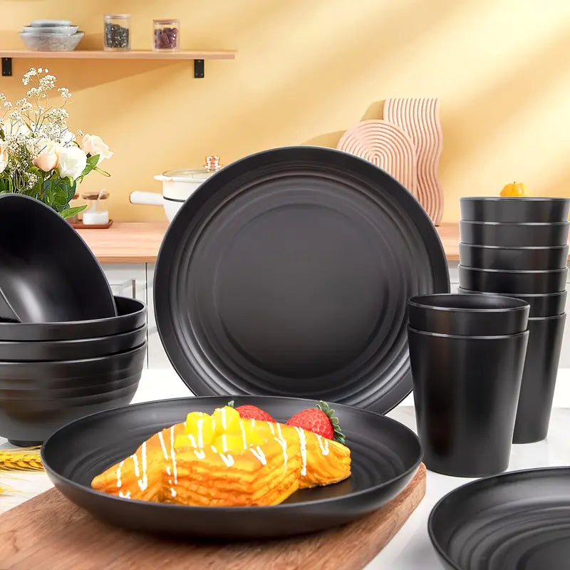 LDQ 16-Piece Unbreakable Dinnerware Set – Supernal Wheat Straw Lightweight Plates, Bowls, and Cups – Eco-Friendly, Reusable, Microwave & Dishwasher Safe, Black