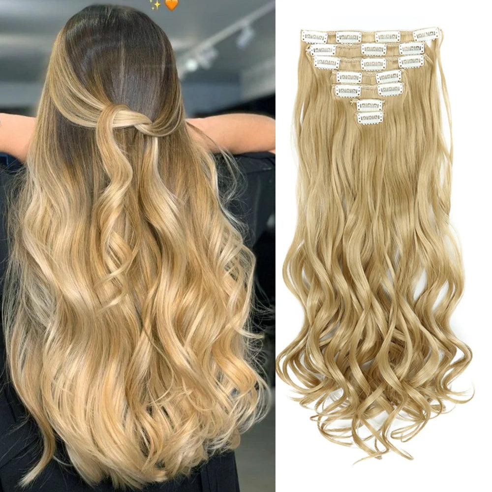 7 PCS Clip-In Hair Extensions 22 Inch Long Curly Wavy Synthetic Hair - Natural Volume & Thickness for Women and Girls